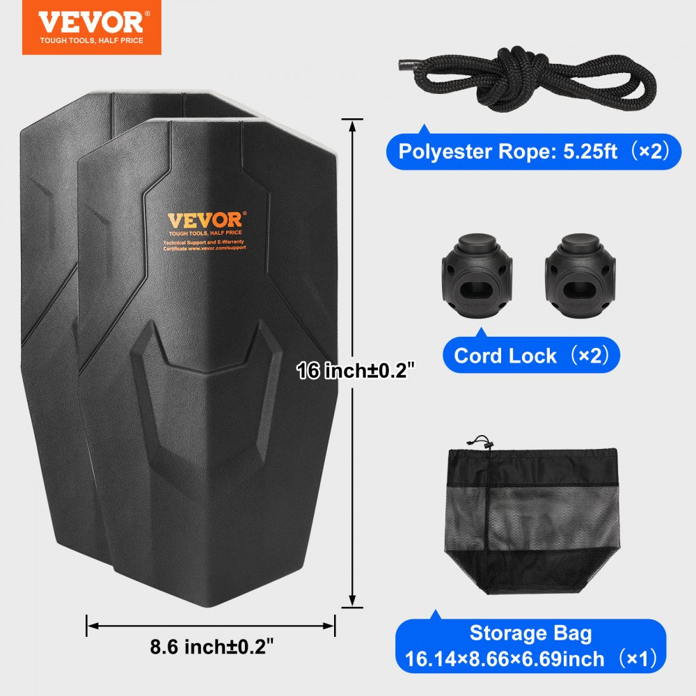 VEVOR Boat Fenders, 8.6" x 16" Boat Bumpers for Docking, Marine EVA Boat Dock Fender Bumper with Ropes, Cord Locks and Storage Bag, No Inflation Required, for Class A/Class 1/Part Class 2, Black 