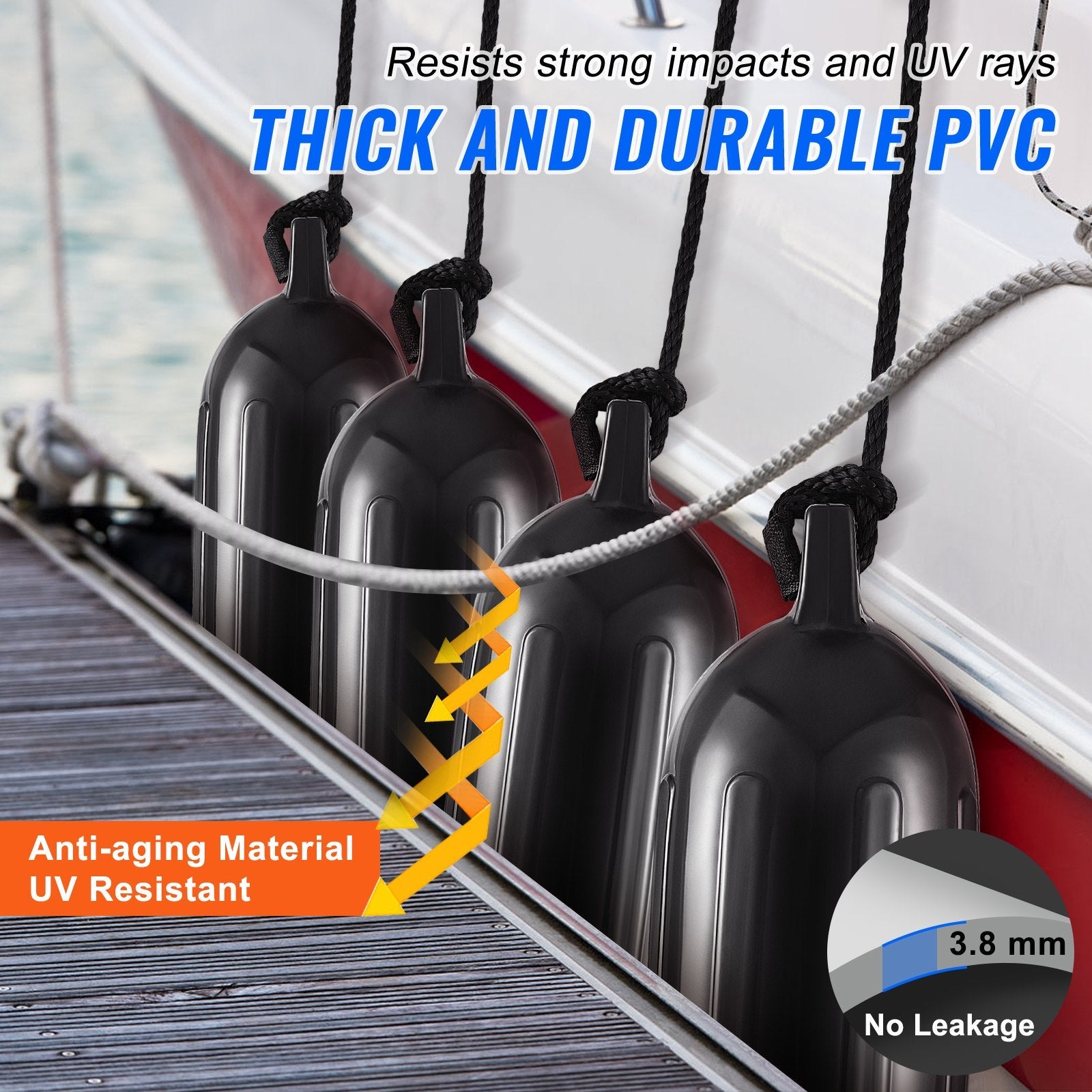 VEVOR Boat Fenders, 5.5" x 20" Boat Bumpers for Docking, Inflatable Ribbed Fender with Center Holes, Marine Boat Dock Fender Bumper with Air Pump, 4 Needles and 4 Ropes and Storage Bag, Black 