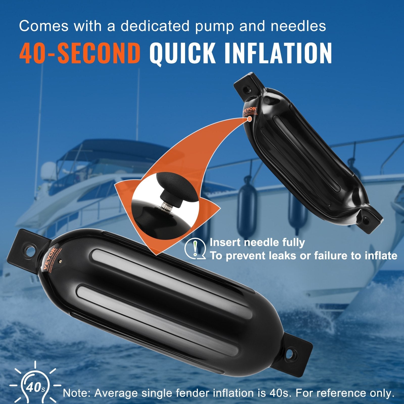 VEVOR Boat Fenders, 5.5" x 20" Boat Bumpers for Docking, Inflatable Ribbed Fender with Center Holes, Marine Boat Dock Fender Bumper with Air Pump, 4 Needles and 4 Ropes and Storage Bag, Black 