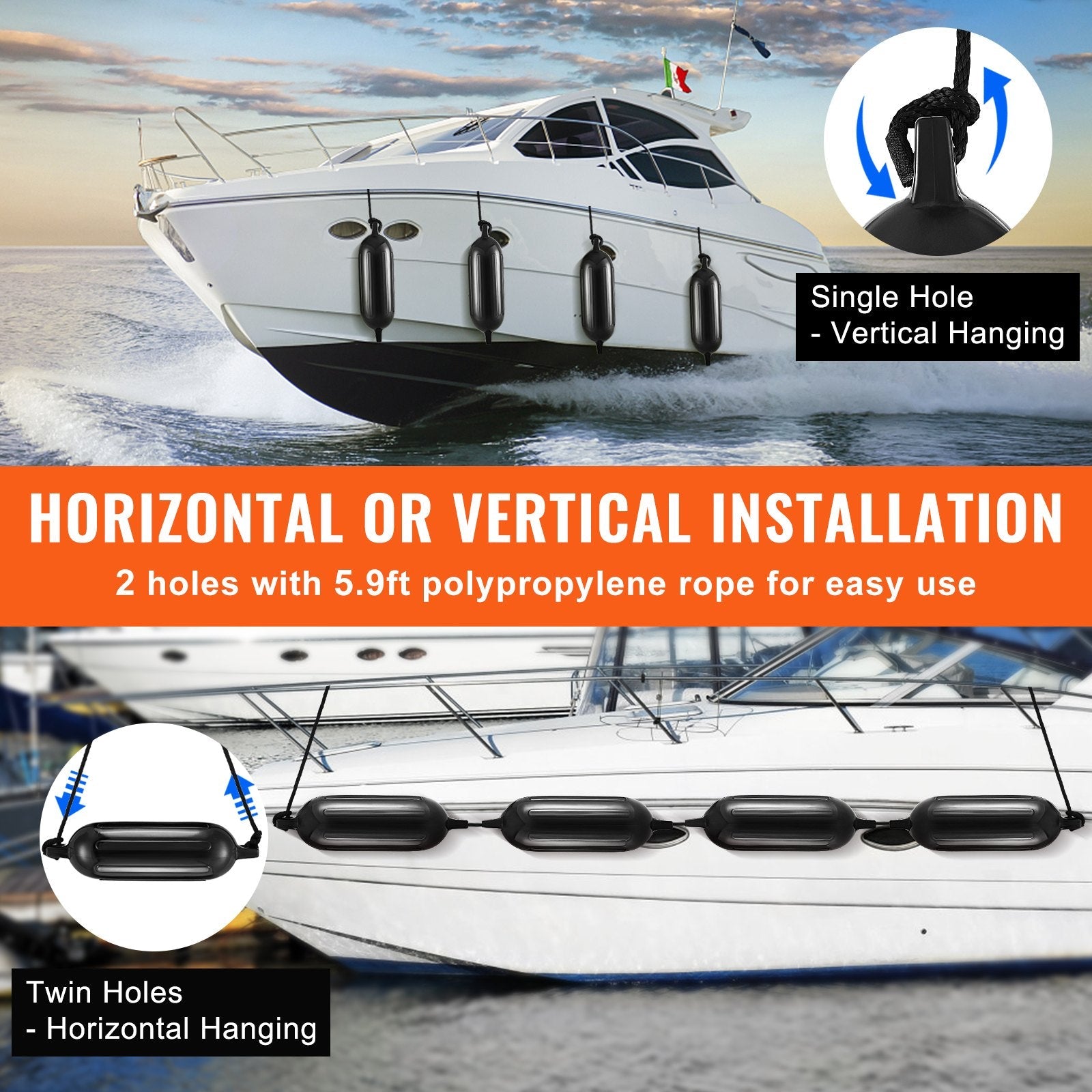 VEVOR Boat Fenders, 5.5" x 20" Boat Bumpers for Docking, Inflatable Ribbed Fender with Center Holes, Marine Boat Dock Fender Bumper with Air Pump, 4 Needles and 4 Ropes and Storage Bag, Black 