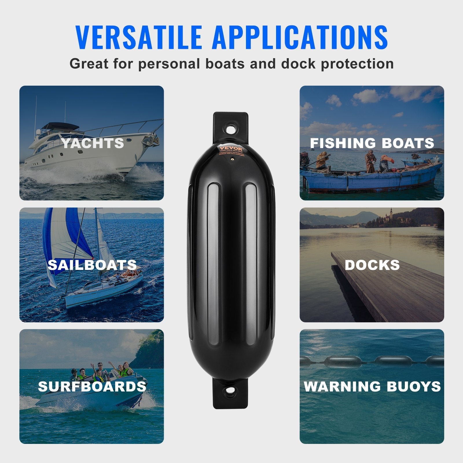 VEVOR Boat Fenders, 5.5" x 20" Boat Bumpers for Docking, Inflatable Ribbed Fender with Center Holes, Marine Boat Dock Fender Bumper with Air Pump, 4 Needles and 4 Ropes and Storage Bag, Black 