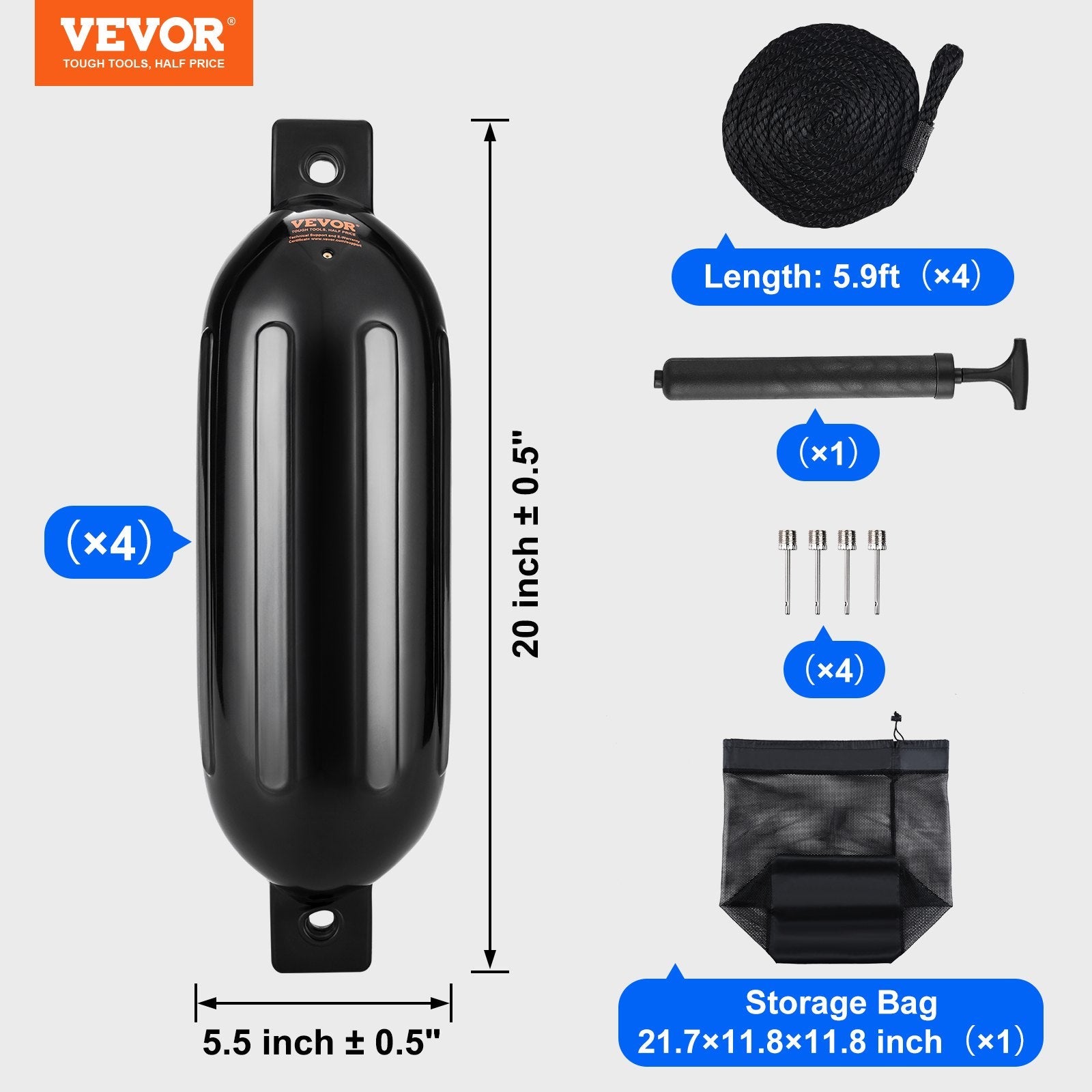 VEVOR Boat Fenders, 5.5" x 20" Boat Bumpers for Docking, Inflatable Ribbed Fender with Center Holes, Marine Boat Dock Fender Bumper with Air Pump, 4 Needles and 4 Ropes and Storage Bag, Black 