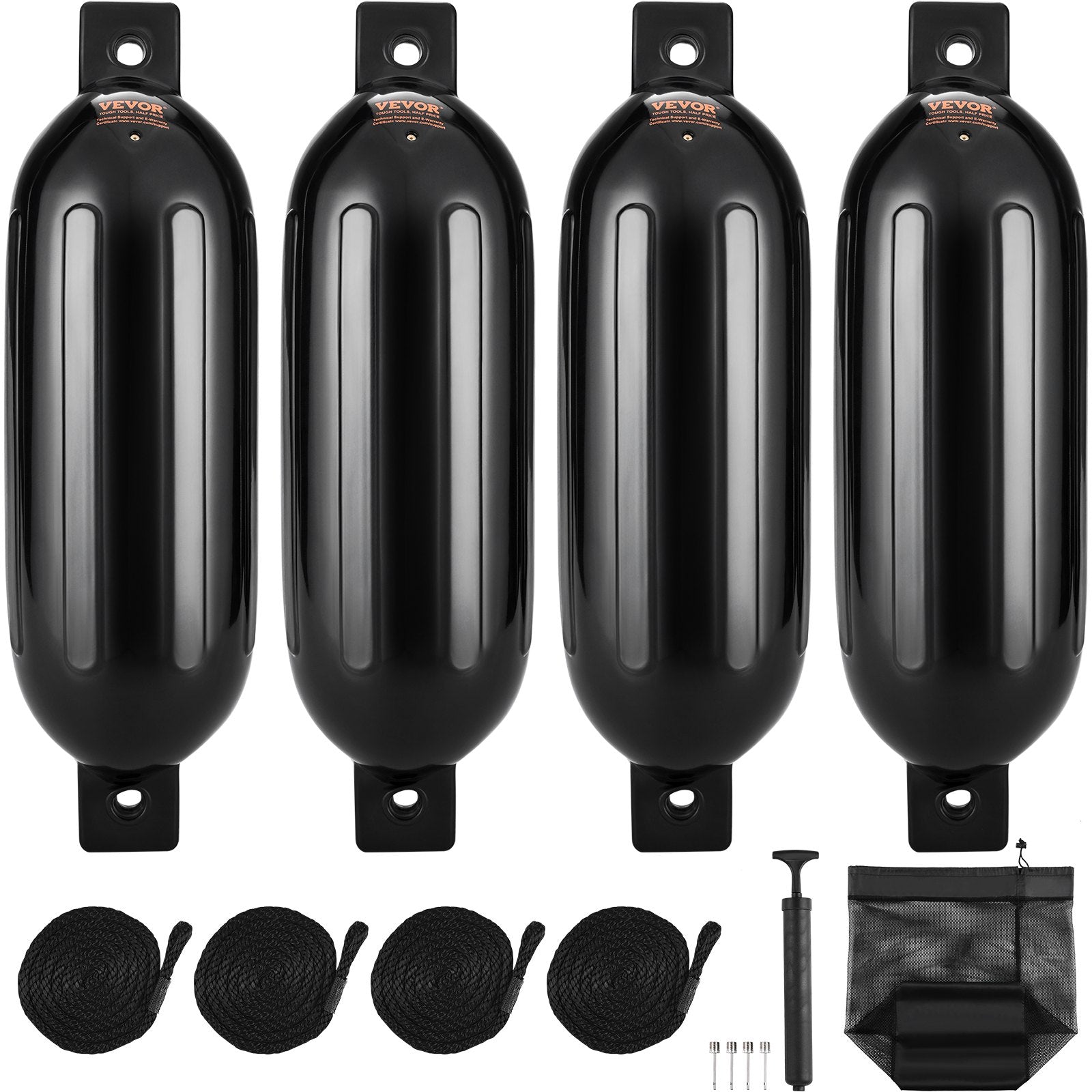 VEVOR Boat Fenders, 5.5" x 20" Boat Bumpers for Docking, Inflatable Ribbed Fender with Center Holes, Marine Boat Dock Fender Bumper with Air Pump, 4 Needles and 4 Ropes and Storage Bag, Black 