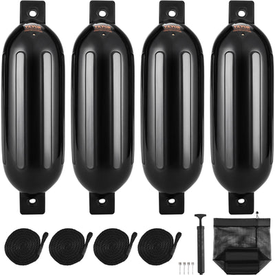 VEVOR Boat Fenders, 5.5" x 20" Boat Bumpers for Docking, Inflatable Ribbed Fender with Center Holes, Marine Boat Dock Fender Bumper with Air Pump, 4 Needles and 4 Ropes and Storage Bag, Black 