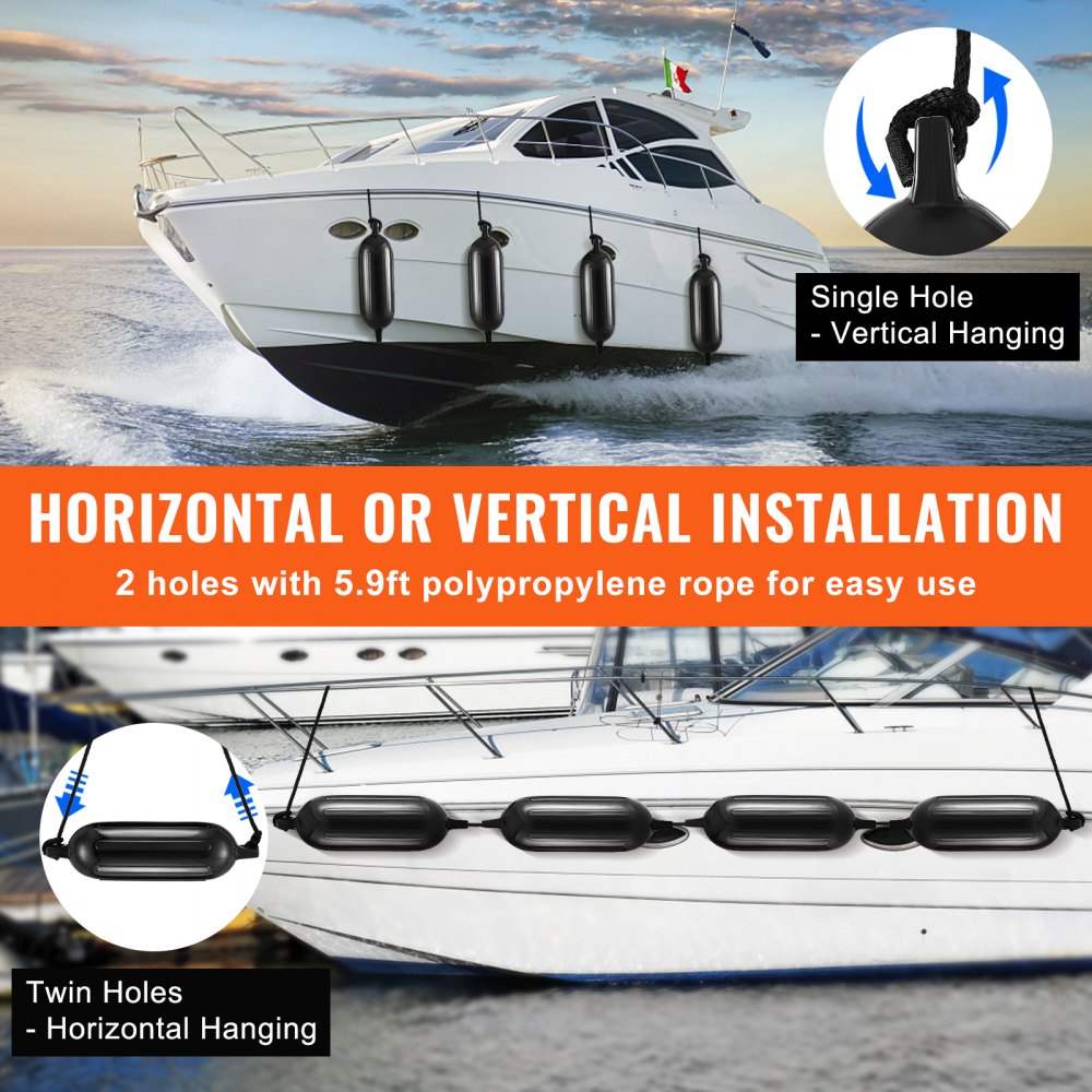 VEVOR Boat Fenders, 6.5" x 23" Boat Bumpers for Docking, Inflatable Ribbed Fender with Center Holes, Marine Boat Dock Fender Bumper with Air Pump, 4 Needles and 4 Ropes and Storage Bag, Black 