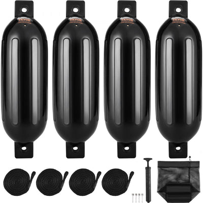 VEVOR Boat Fenders, 6.5" x 23" Boat Bumpers for Docking, Inflatable Ribbed Fender with Center Holes, Marine Boat Dock Fender Bumper with Air Pump, 4 Needles and 4 Ropes and Storage Bag, Black 
