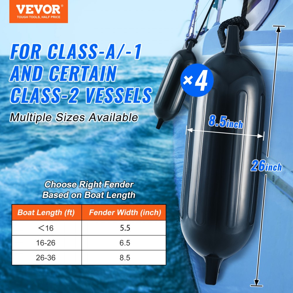 VEVOR Boat Fenders, 8.5" x 26" Boat Bumpers for Docking, Inflatable Ribbed Fender with Center Holes, Marine Boat Dock Fender Bumper with Air Pump, 4 Needles and 4 Ropes and Storage Bag, Black 