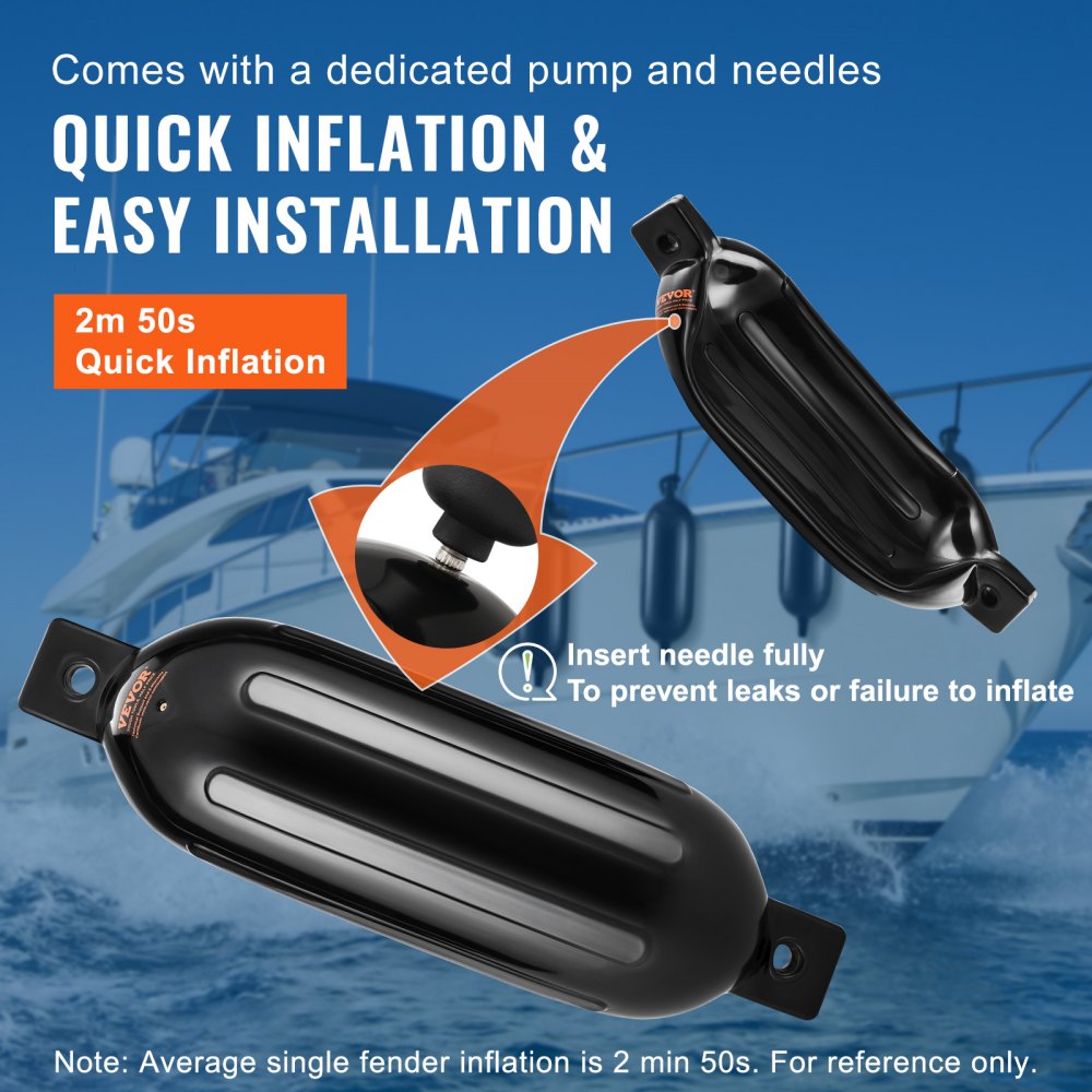VEVOR Boat Fenders, 8.5" x 26" Boat Bumpers for Docking, Inflatable Ribbed Fender with Center Holes, Marine Boat Dock Fender Bumper with Air Pump, 4 Needles and 4 Ropes and Storage Bag, Black 