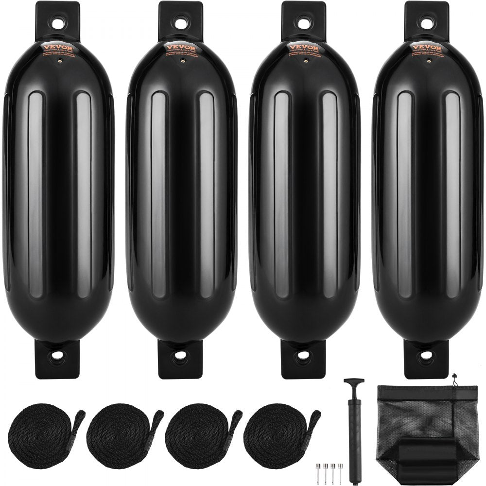 VEVOR Boat Fenders, 8.5" x 26" Boat Bumpers for Docking, Inflatable Ribbed Fender with Center Holes, Marine Boat Dock Fender Bumper with Air Pump, 4 Needles and 4 Ropes and Storage Bag, Black 