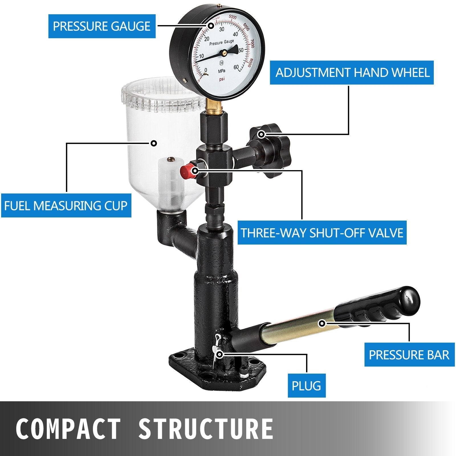 VEVOR 400Bar 6000PSI Diesel Fuel Injector Tester Diesel Injector Nozzle Tester with?Dual Scale Gauge to Adjust Injector Nozzle Pressure and Testing Diesel Injector Nozzle Pop Pressure Tester 