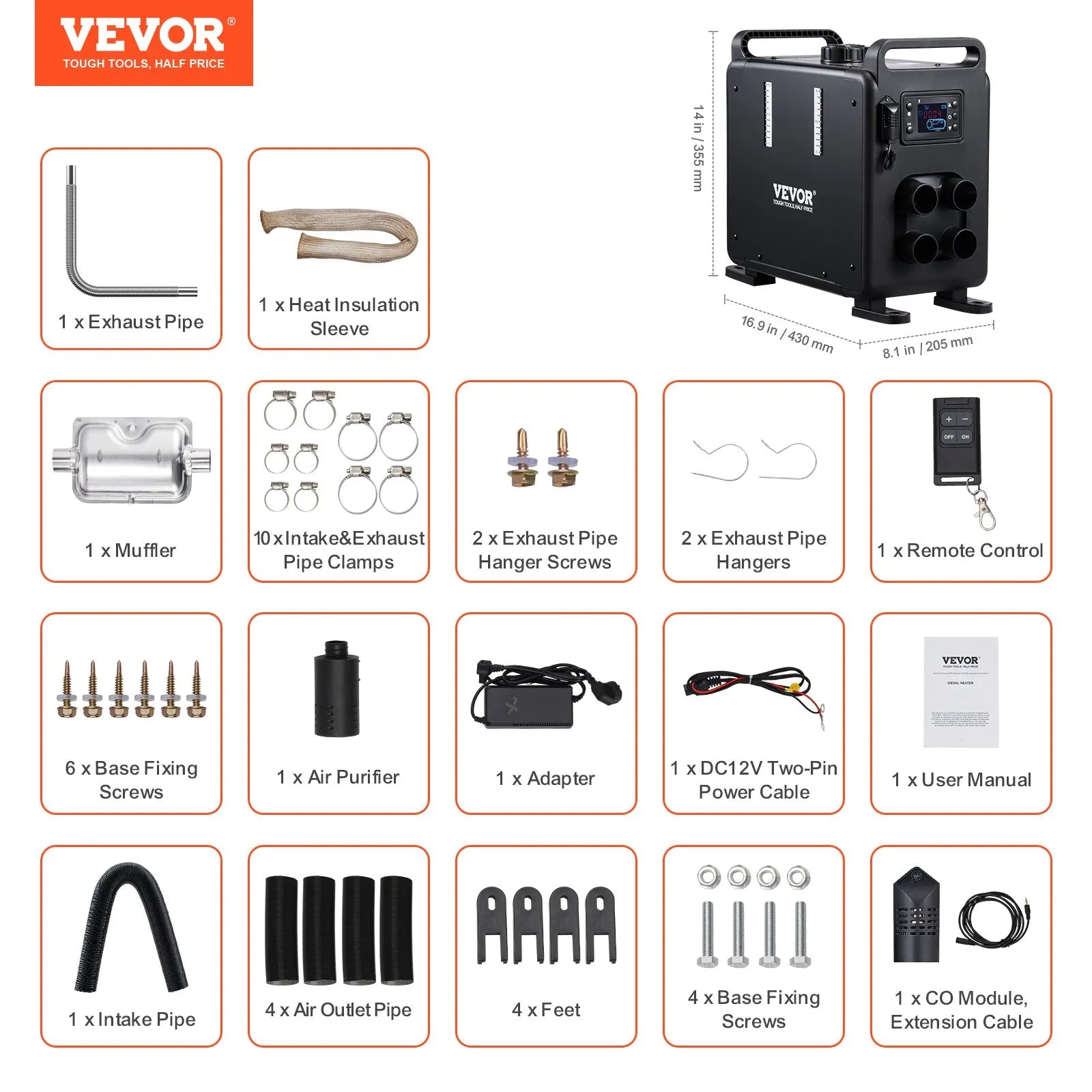 VEVOR 8KW Diesel Heater, 12V/24V All-in-One Diesel Air Heater, Bluetooth App, Remote Control & Display, CO Alarm, Fast Heating Vertical Portable Heater for Vehicles & Garage 