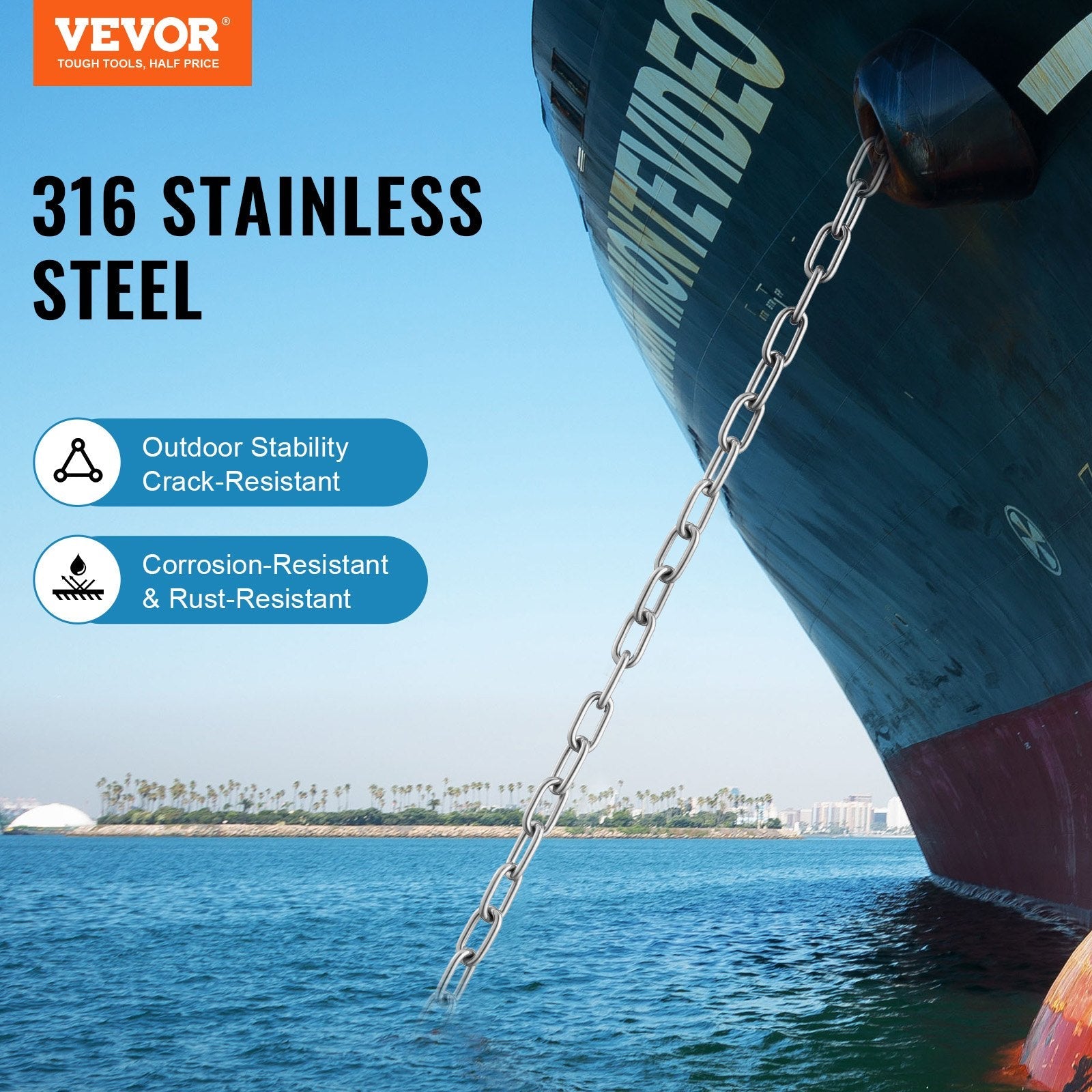 VEVOR Boat Anchor Chain Stainless Steel Lead Chain 1/4" x 4' with Two Shackles 