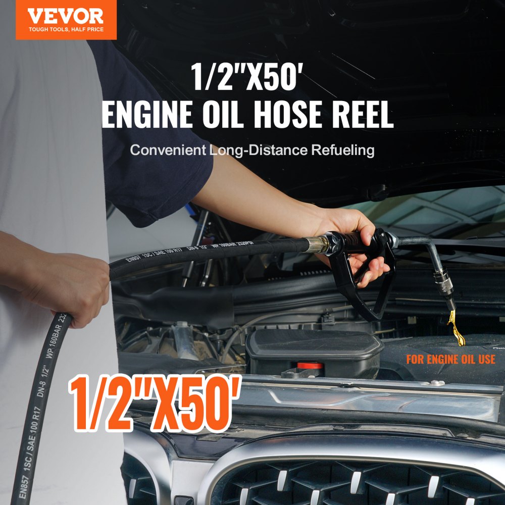 VEVOR Fuel Hose Reel, 1/2" x 50', Extra Long Retractable Machine Oil Hose Reel, Spring Driven Auto Swivel Rewind, Heavy-Duty Carbon Steel Construction with Hose for Auto Repair, Industries, 2300 PSI 