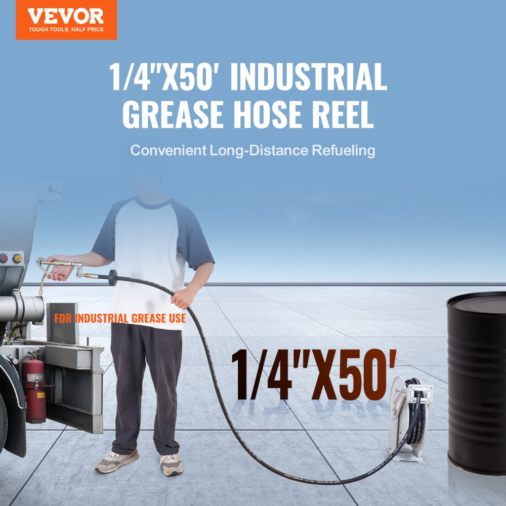 VEVOR Fuel Hose Reel, 1/4" x 50', Extra Long Retractable Grease Hose Reel, Spring Driven Auto Swivel Rewind, Heavy-Duty Carbon Steel Construction with Hose for Auto Repair, Heavy Industries, 5800 PSI 