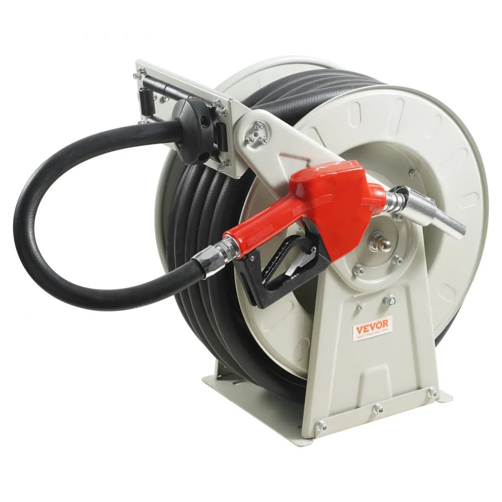 VEVOR Fuel Hose Reel, 1" x 50', Extra Long Retractable Diesel Hose Reel, Heavy-Duty Carbon Steel Construction with Automatic Fuel Nozzle, NBR Rubber Hose for Aircraft Ship Vehicle Tank Truck, 300 PSI