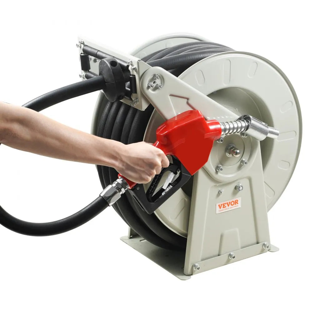 VEVOR Fuel Hose Reel, 1" x 50', Extra Long Retractable Diesel Hose Reel, Heavy-Duty Carbon Steel Construction with Automatic Fuel Nozzle, NBR Rubber Hose for Aircraft Ship Vehicle Tank Truck, 300 PSI