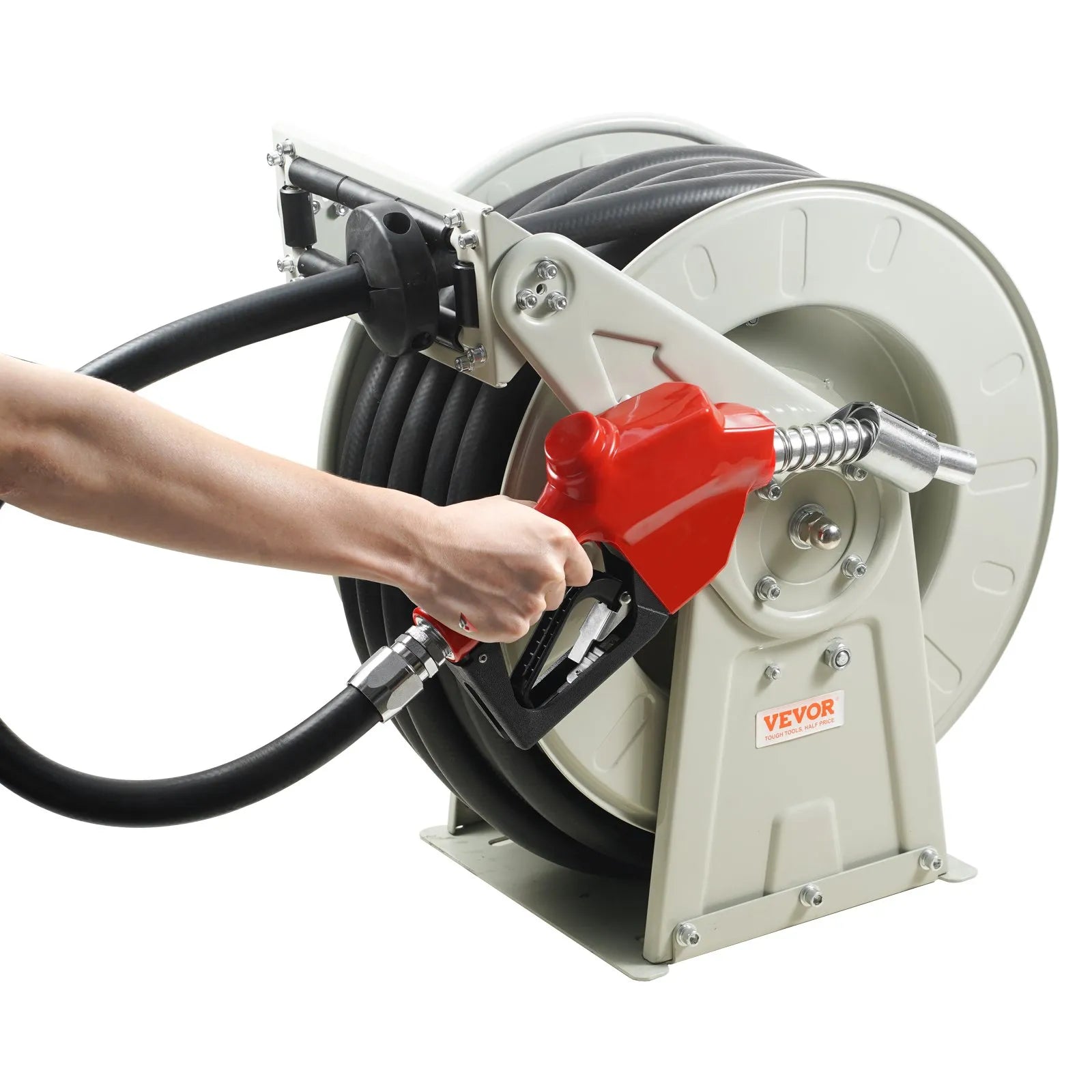 VEVOR Fuel Hose Reel, 3/4" x 50', Extra Long Retractable Diesel Hose Reel, Heavy-Duty Carbon Steel Construction with Automatic Fuel Nozzle, NBR Rubber Hose for Aircraft Ship Vehicle Tank Truck, 300PSI