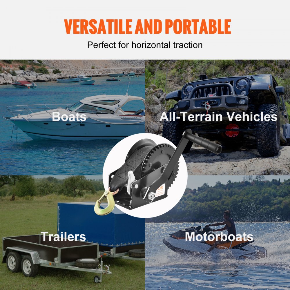 VEVOR Hand Winch, 1200 lbs Pulling Capacity, Boat Trailer Winch Heavy Duty Rope Crank with 23 ft Polyester Strap and Two-Way Ratchet, Manual Operated Hand Crank Winch for Trailer, Boat or ATV Towing 