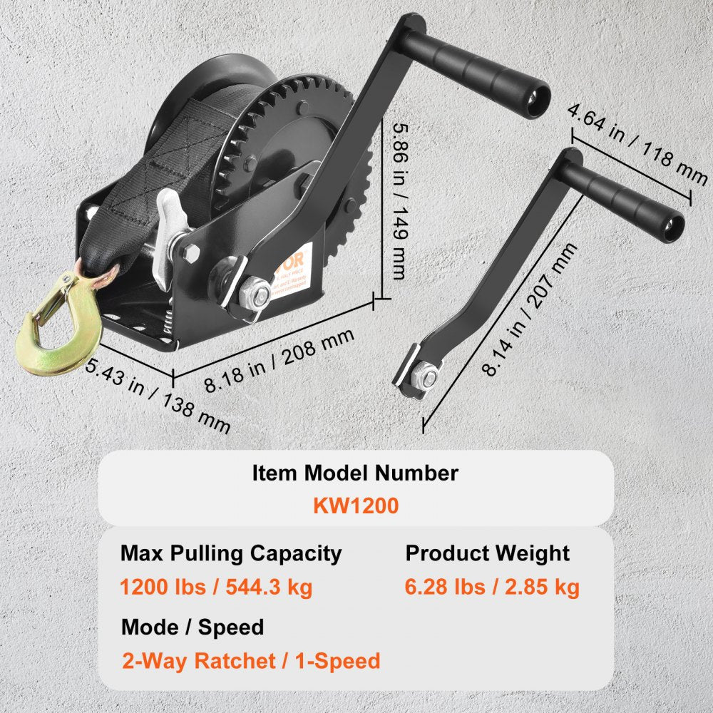 VEVOR Hand Winch, 1200 lbs Pulling Capacity, Boat Trailer Winch Heavy Duty Rope Crank with 23 ft Polyester Strap and Two-Way Ratchet, Manual Operated Hand Crank Winch for Trailer, Boat or ATV Towing 