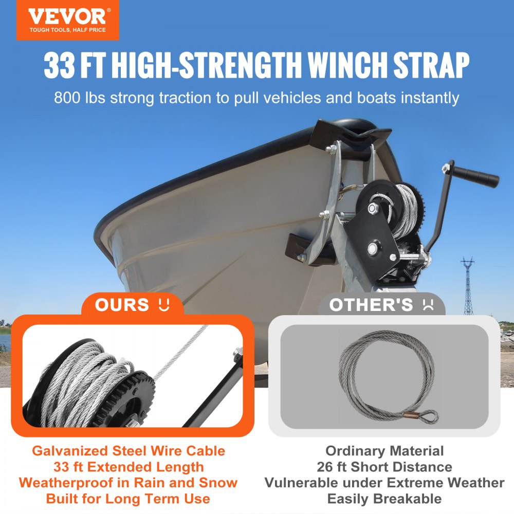 VEVOR Hand Winch, 800 lbs Pulling Capacity, Boat Trailer Winch Heavy Duty Rope Crank with 33 ft Steel Wire Cable and Two-Way Ratchet, Manual Operated Hand Crank Winch for Trailer, Boat or ATV Towing 