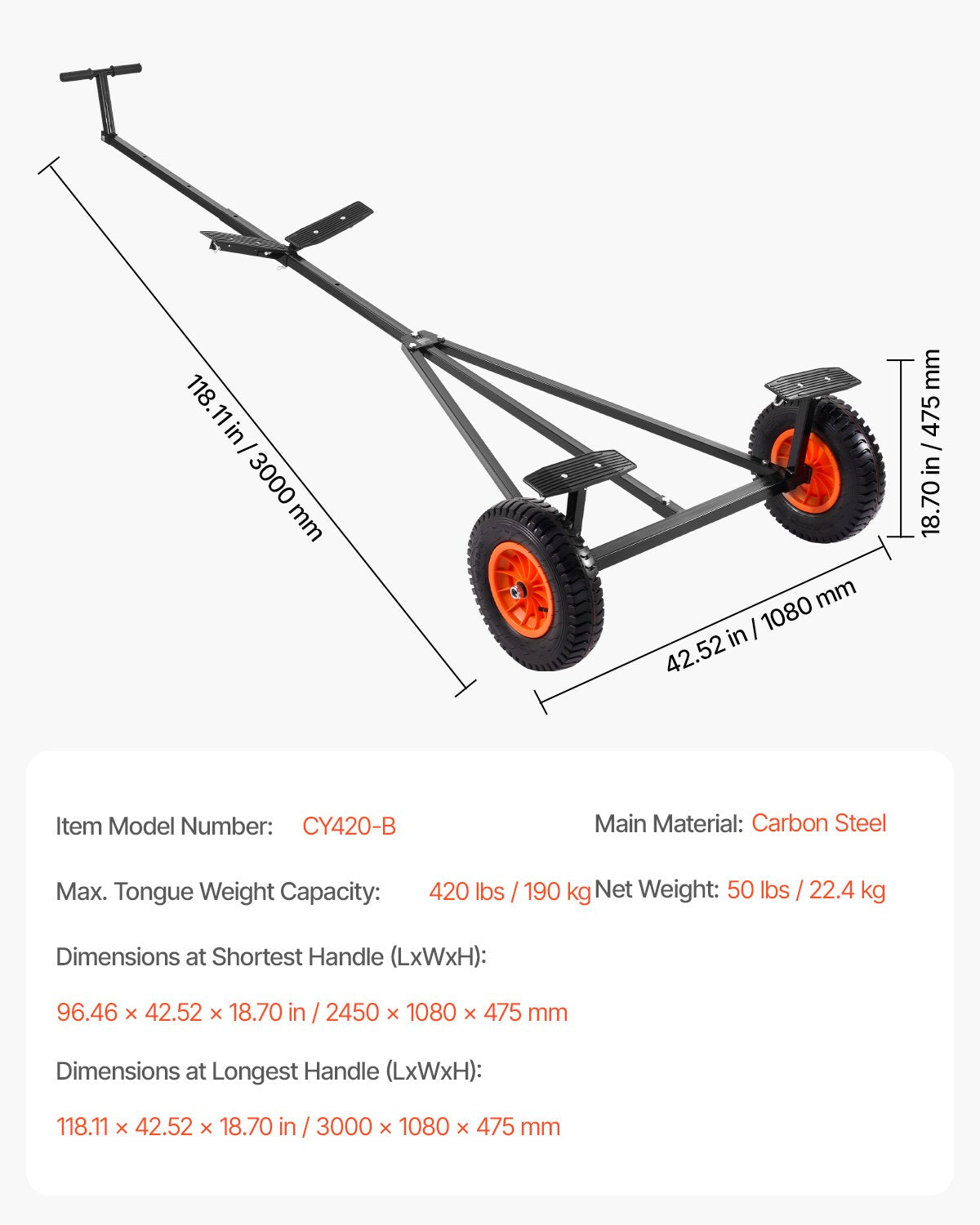 420lbs Boat Trailer Dolly Mover Adjustable Length with 15.7 in Pneumatic Tires 