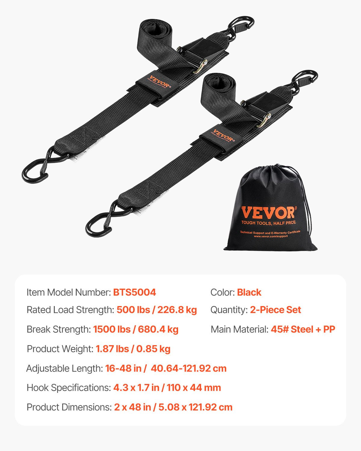 VEVOR Retractable Ratchet Straps Tie Down Straps 2 in x 4 ft for Boat (2 Pack) 