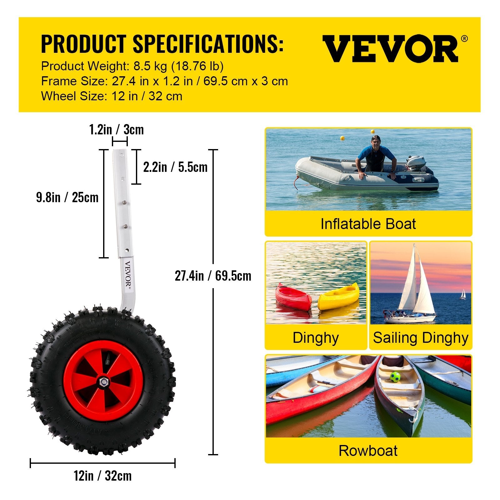 VEVOR Boat Launching Wheels, 12" Boat Transom Launching Wheel, 500 LBS Loading Capacity Inflatable Boat Launch Wheels, Aluminium Alloy Transom Launching Dolly Wheels with 4 PCS of Quick Release Pins 