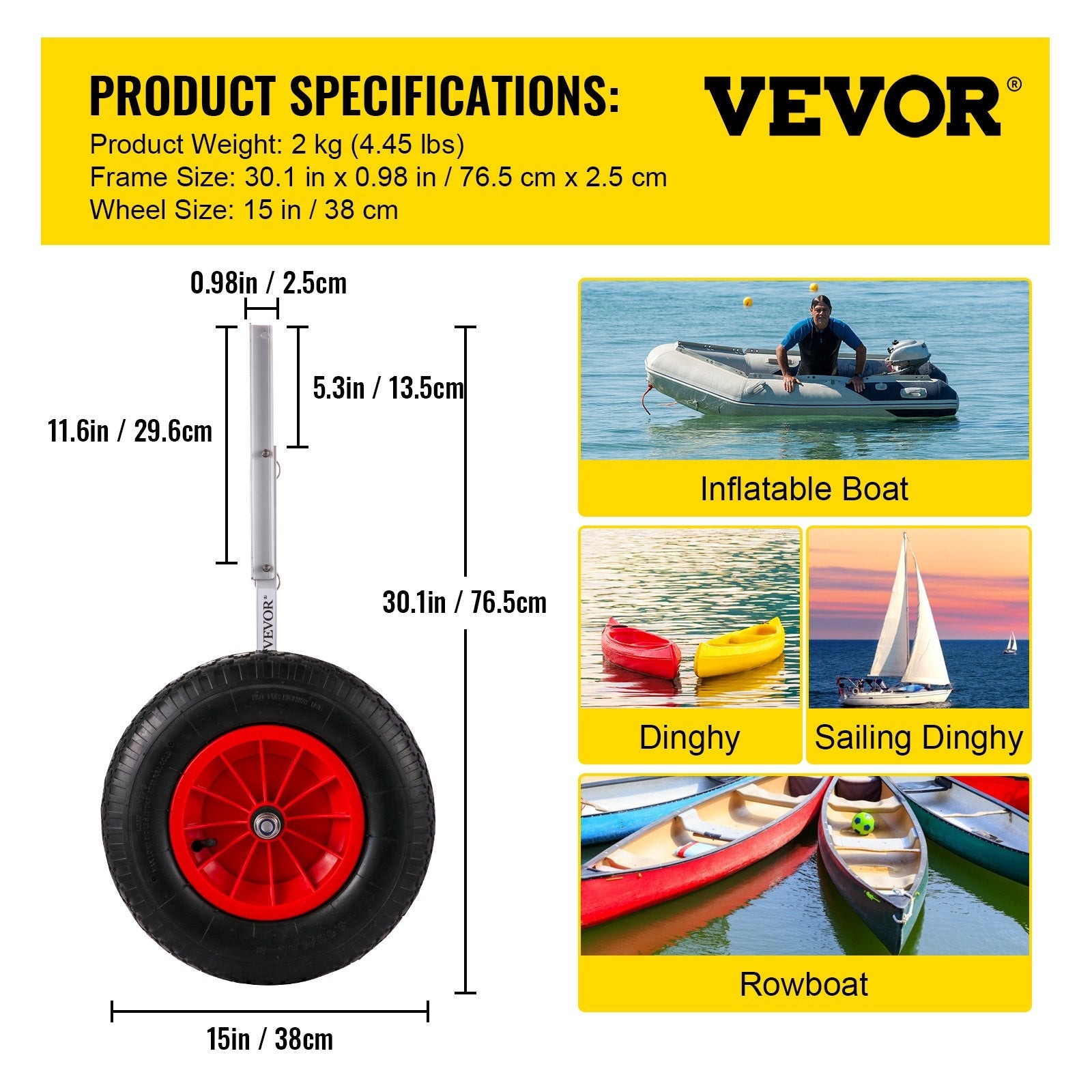 VEVOR Boat Launching Wheels, 15" Boat Transom Launching Wheel, 300 LBS Loading Capacity Inflatable Boat Launch Wheels, Aluminium Alloy Transom Launching Dolly Wheels with 4 PCS of Quick Release Pins 