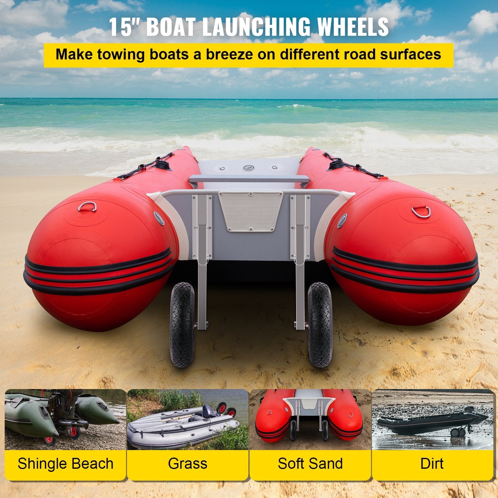 VEVOR Boat Launching Wheels, 15" Boat Transom Launching Wheel, 600 LBS Loading Capacity Inflatable Boat Launch Wheels, Stainless Steel Transom Launching Dolly Wheels with 4 PCS of Quick Release Pins 