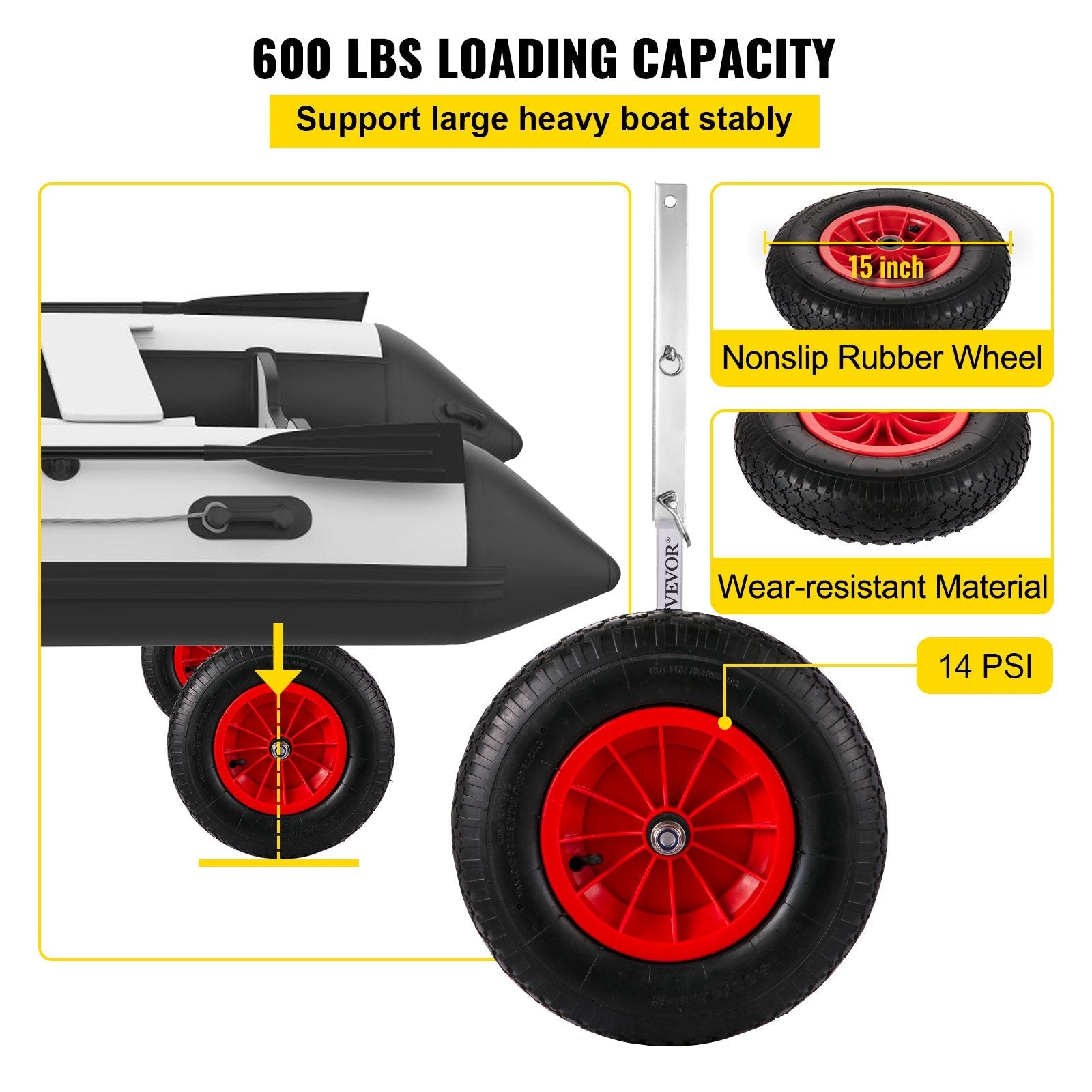 VEVOR Boat Launching Wheels, 15" Boat Transom Launching Wheel, 600 LBS Loading Capacity Inflatable Boat Launch Wheels, Stainless Steel Transom Launching Dolly Wheels with 4 PCS of Quick Release Pins 