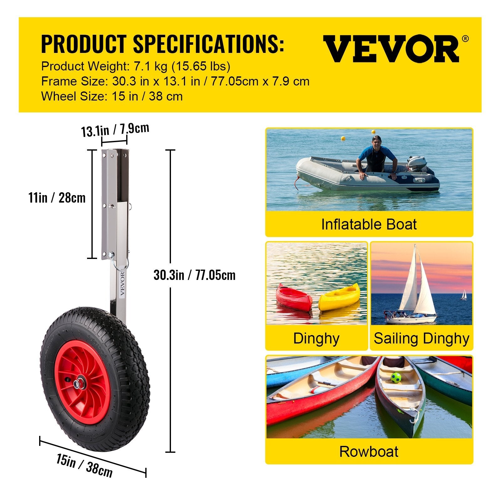 VEVOR Boat Launching Wheels, 15" Boat Transom Launching Wheel, 600 LBS Loading Capacity Inflatable Boat Launch Wheels, Stainless Steel Transom Launching Dolly Wheels with 4 PCS of Quick Release Pins 