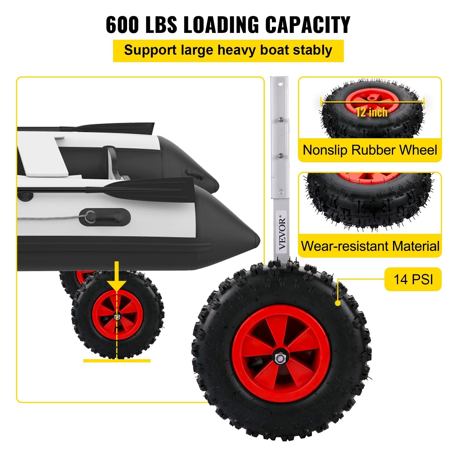 VEVOR Boat Launching Wheels, 12" Boat Transom Launching Wheel, 600 LBS Loading Capacity Inflatable Boat Launch Wheels, Aluminium Alloy Transom Launching Dolly Wheels with 4 PCS of Quick Release Pins 