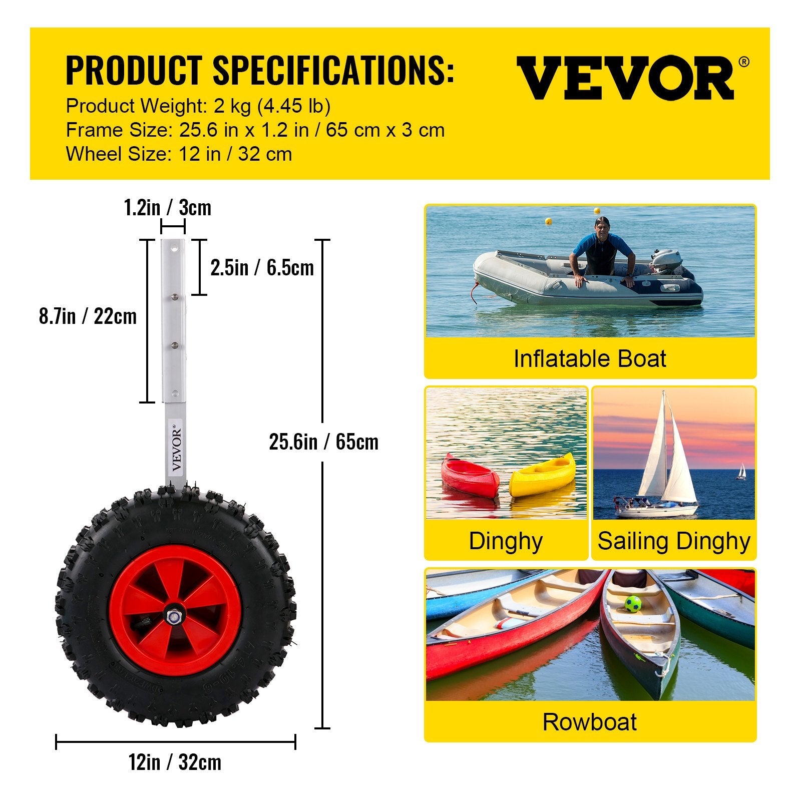 VEVOR Boat Launching Wheels, 12" Boat Transom Launching Wheel, 600 LBS Loading Capacity Inflatable Boat Launch Wheels, Aluminium Alloy Transom Launching Dolly Wheels with 4 PCS of Quick Release Pins 