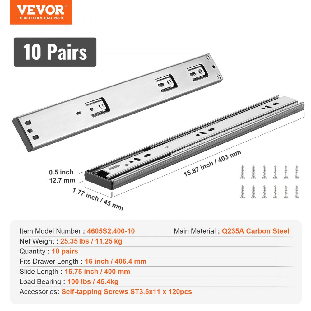 VEVOR 10 Pairs of 16 Inch Drawer Slides Side Mount Rails, Heavy Duty Full Extension Steel Track, Soft-Close Noiseless Guide Glides Cabinet Kitchen Runners with Ball Bearing, 100 Lbs Load Capacity 