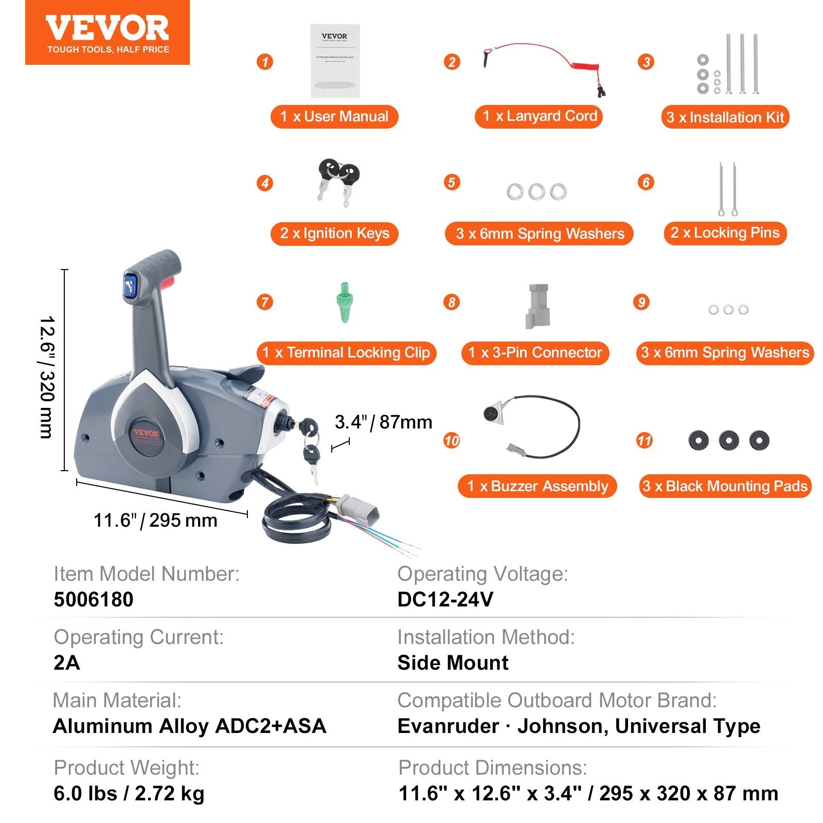 VEVOR Boat Throttle Control, 5006180 Side-Mounted Outboard Remote Control Box for Evinrude Johnson, Marine Throttle Control Box with Power Trim Switch and Lanyard 