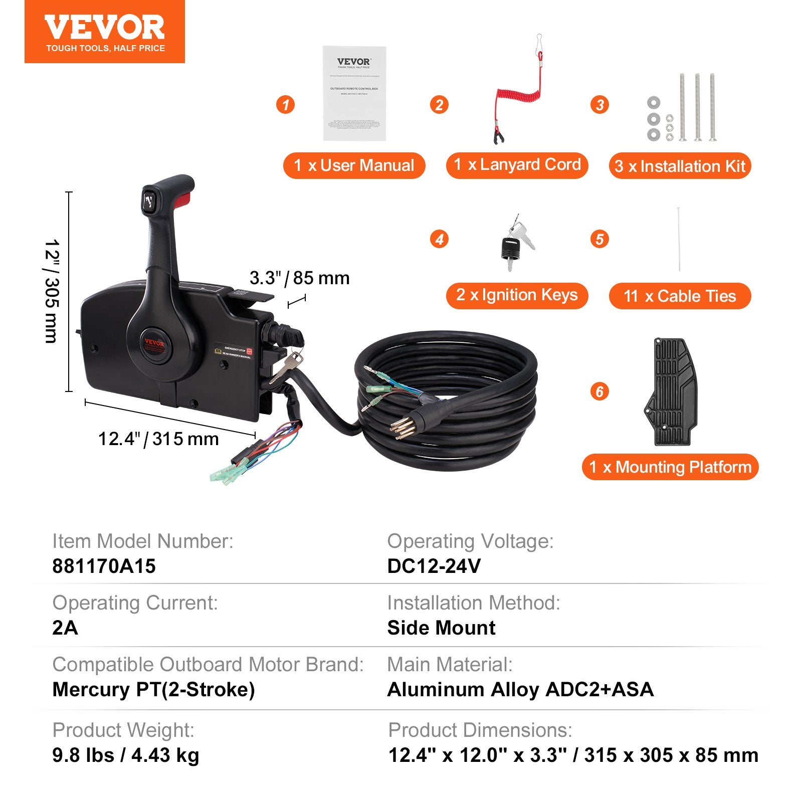 VEVOR Boat Throttle Control, 881170A15 Side-Mounted Outboard Remote Control Box for Mercury PT 2-Stroke, Marine Throttle Control Box with Power Trim Switch, 16.3 ft Harness 8+4 Pin, and Lanyard 
