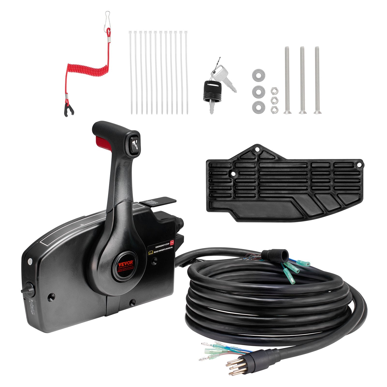 VEVOR Boat Throttle Control, 881170A15 Side-Mounted Outboard Remote Control Box for Mercury PT 2-Stroke, Marine Throttle Control Box with Power Trim Switch, 16.3 ft Harness 8+4 Pin, and Lanyard 