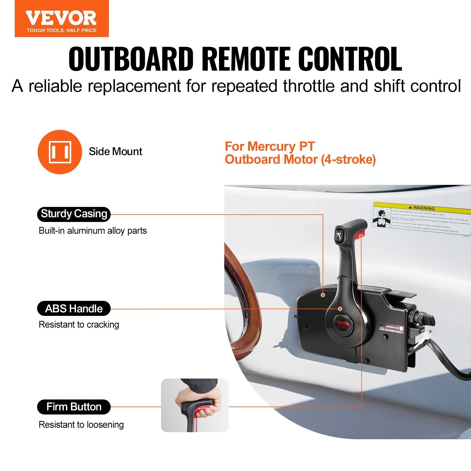 VEVOR Boat Throttle Control, 881170A13 Side-Mounted Outboard Remote Control Box for Mercury PT 4-Stroke, Marine Throttle Control Box with Power Trim Switch, 16.6 ft Harness 14 Pin, and Lanyard 