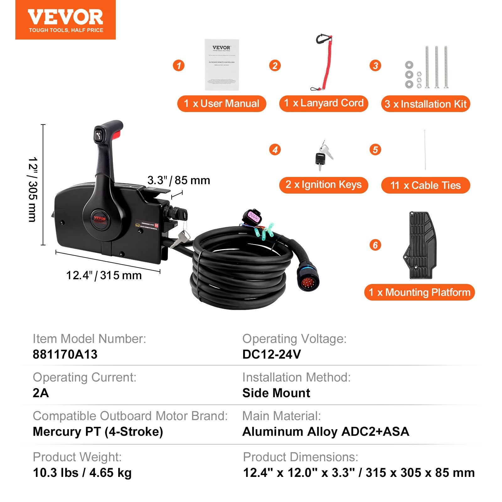 VEVOR Boat Throttle Control, 881170A13 Side-Mounted Outboard Remote Control Box for Mercury PT 4-Stroke, Marine Throttle Control Box with Power Trim Switch, 16.6 ft Harness 14 Pin, and Lanyard 