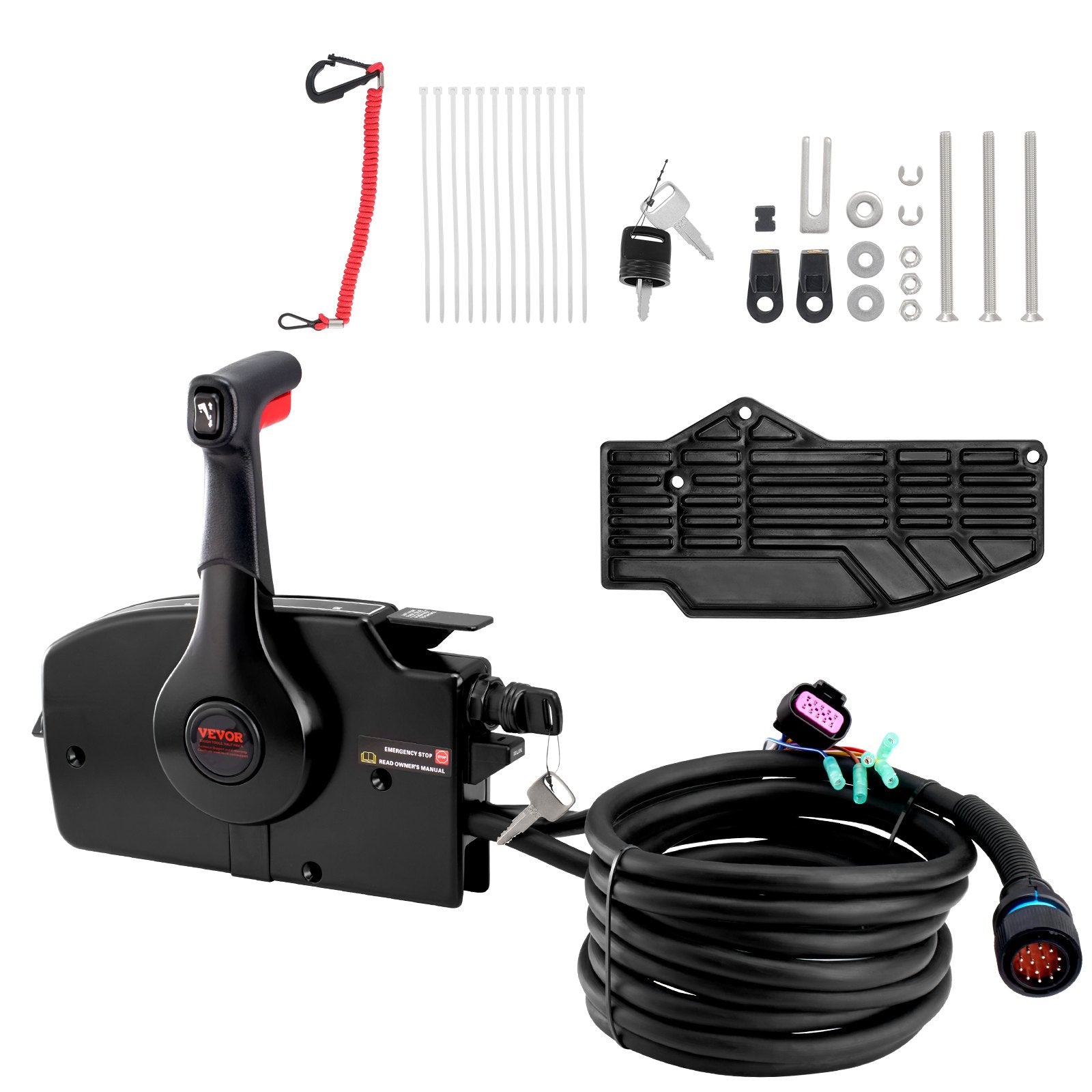 VEVOR Boat Throttle Control, 881170A13 Side-Mounted Outboard Remote Control Box for Mercury PT 4-Stroke, Marine Throttle Control Box with Power Trim Switch, 16.6 ft Harness 14 Pin, and Lanyard 