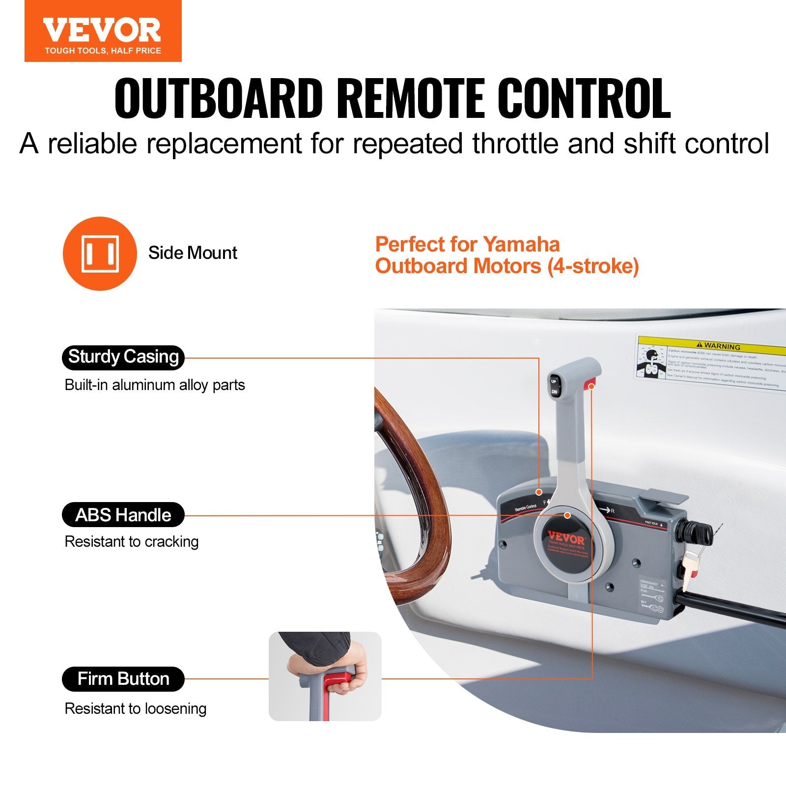 VEVOR Boat Throttle Control, 703-48205-16 Side-Mounted Outboard Remote Control Box for Yamaha 4-Stroke, Marine Throttle Control Box with Power Trim Switch, 16.6 ft Harness 10 Pin, and Lanyard 