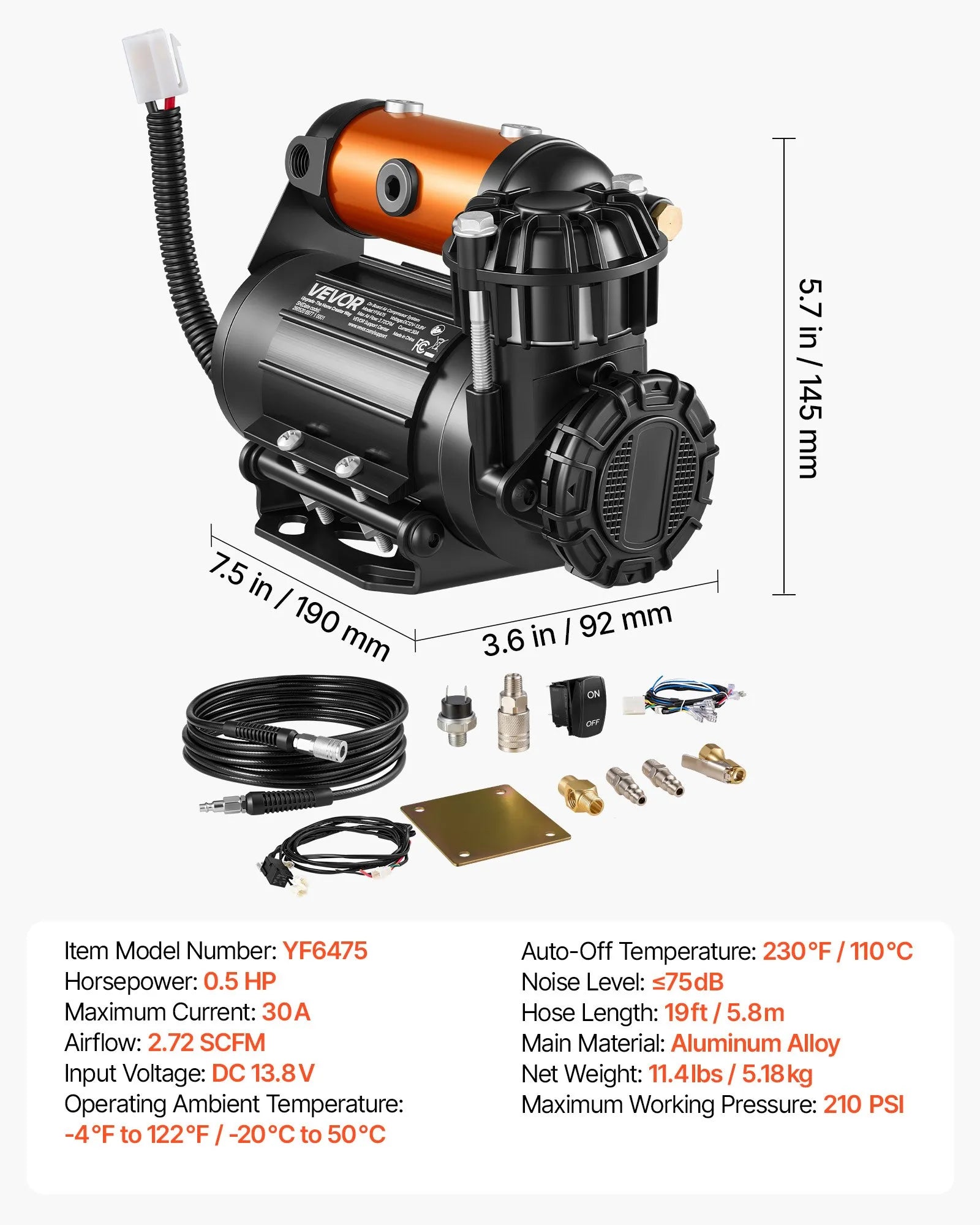 12V 0.5HP Portable Air Compressor 210 PSI – Heavy-Duty Off-Road Tire Inflator with 19 ft Hose
