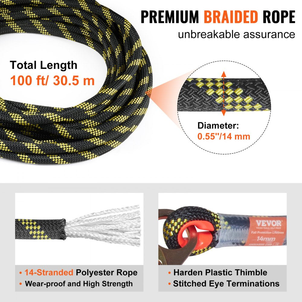 VEVOR Vertical Lifeline Assembly, 0.55'' x 100' Fall Protection Rope with 30 KN Breaking Tension, Polyester Roofing Rope with Steel Snap Hooks, Rope Grab, and Shock Absorber, ANSI Compliant 