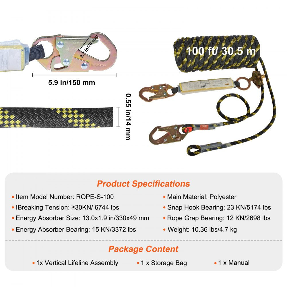 VEVOR Vertical Lifeline Assembly, 0.55'' x 100' Fall Protection Rope with 30 KN Breaking Tension, Polyester Roofing Rope with Steel Snap Hooks, Rope Grab, and Shock Absorber, ANSI Compliant 