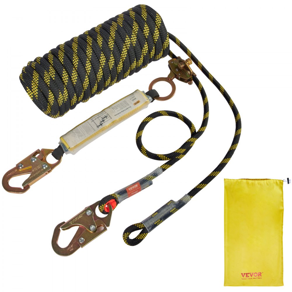 VEVOR Vertical Lifeline Assembly, 0.55'' x 100' Fall Protection Rope with 30 KN Breaking Tension, Polyester Roofing Rope with Steel Snap Hooks, Rope Grab, and Shock Absorber, ANSI Compliant 