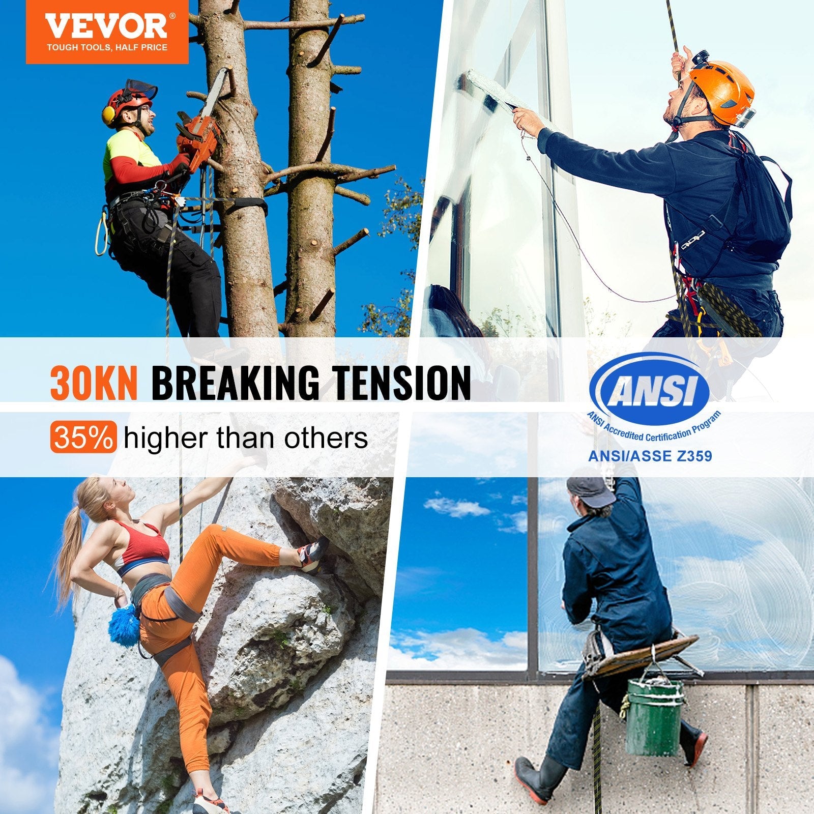 VEVOR Vertical Lifeline 150ft (45.7m) Outdoor Climbing Rope Black & Yellow 