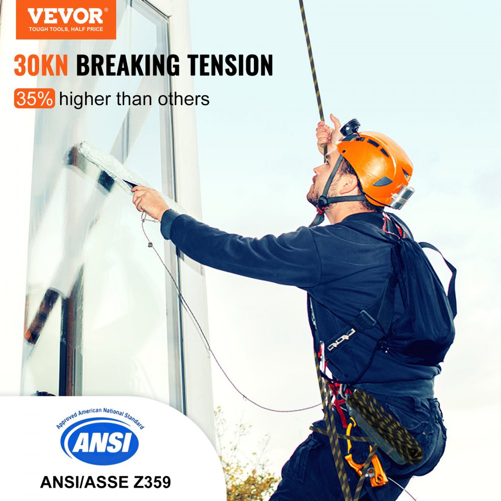 VEVOR Vertical Lifeline Assembly, 0.55'' x 25' Fall Protection Rope with 30 KN Breaking Tension, Polyester Roofing Rope with Steel Snap Hooks, Rope Grab, and Shock Absorber, ANSI Compliant 