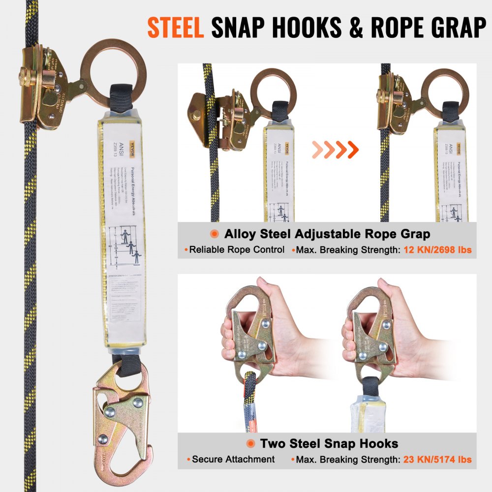 VEVOR Vertical Lifeline Assembly, 0.55'' x 25' Fall Protection Rope with 30 KN Breaking Tension, Polyester Roofing Rope with Steel Snap Hooks, Rope Grab, and Shock Absorber, ANSI Compliant 