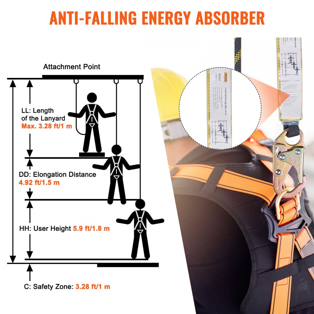 VEVOR Vertical Lifeline Assembly, 0.55'' x 25' Fall Protection Rope with 30 KN Breaking Tension, Polyester Roofing Rope with Steel Snap Hooks, Rope Grab, and Shock Absorber, ANSI Compliant 