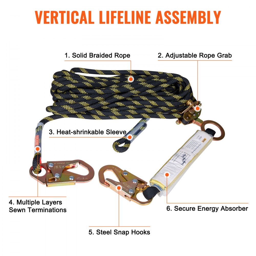 VEVOR Vertical Lifeline Assembly, 0.55'' x 25' Fall Protection Rope with 30 KN Breaking Tension, Polyester Roofing Rope with Steel Snap Hooks, Rope Grab, and Shock Absorber, ANSI Compliant 